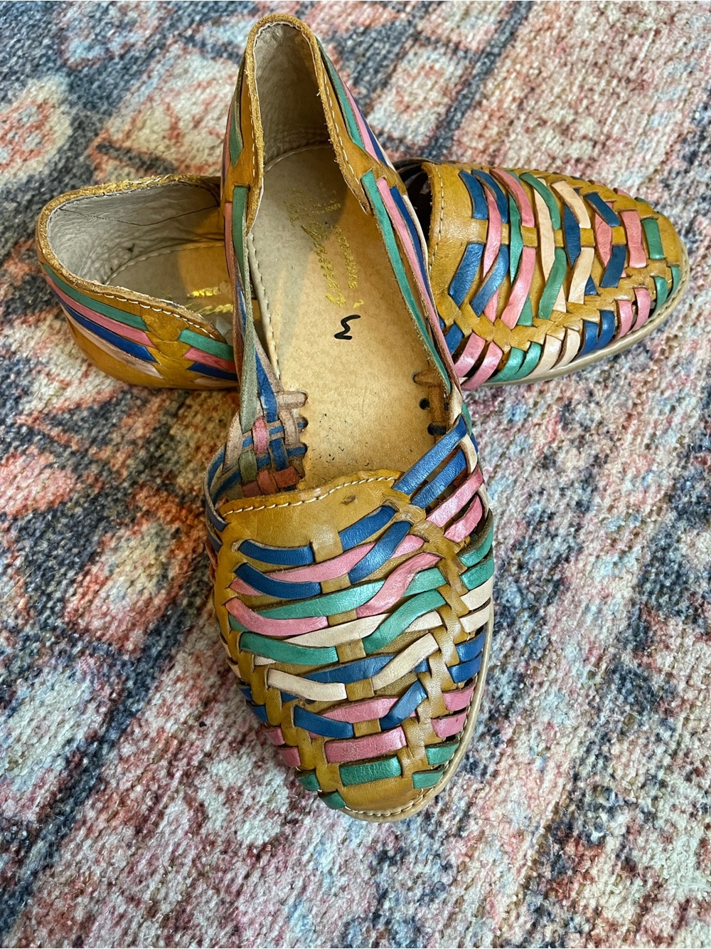 Woven Leather Huarache Flats in Mustard with Multicolor Accents